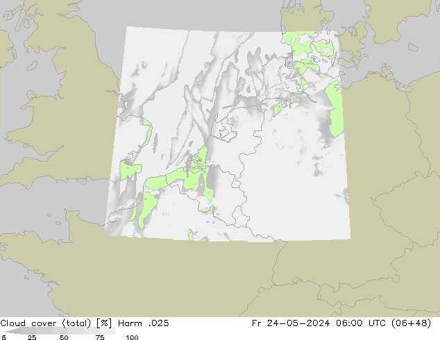 Cloud cover (total) Harm .025 Fr 24.05.2024 06 UTC