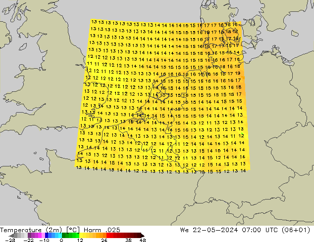 Temperature (2m) Harm .025 We 22.05.2024 07 UTC