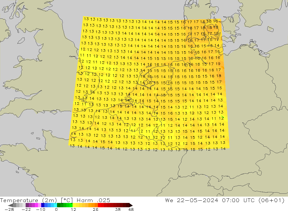 Temperaturkarte (2m) Harm .025 Mi 22.05.2024 07 UTC