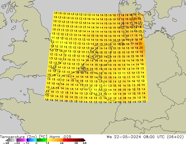 Temperaturkarte (2m) Harm .025 Mi 22.05.2024 08 UTC