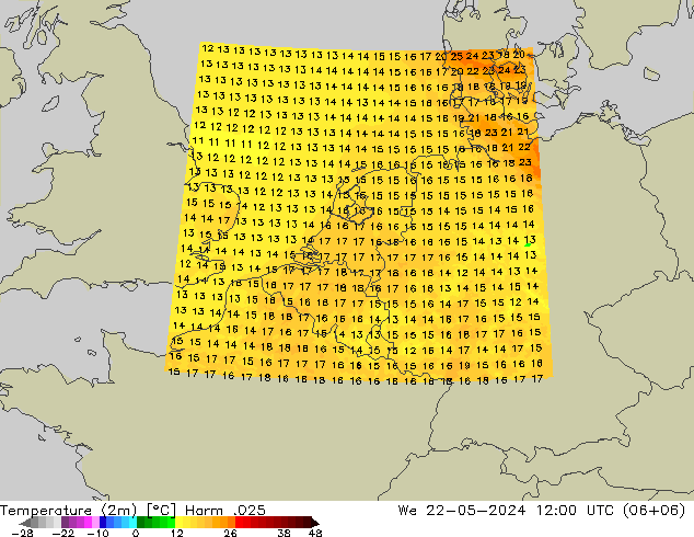 Temperature (2m) Harm .025 We 22.05.2024 12 UTC