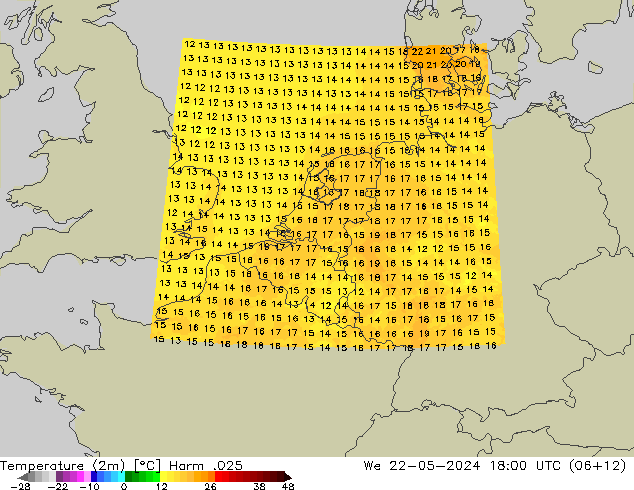 Temperature (2m) Harm .025 We 22.05.2024 18 UTC