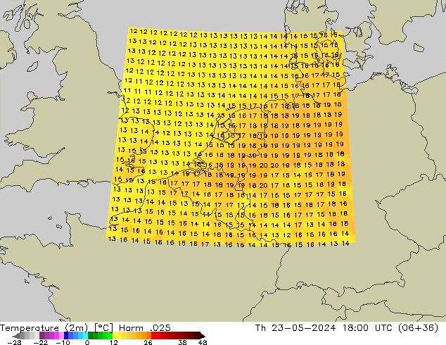 Temperatura (2m) Harm .025 gio 23.05.2024 18 UTC