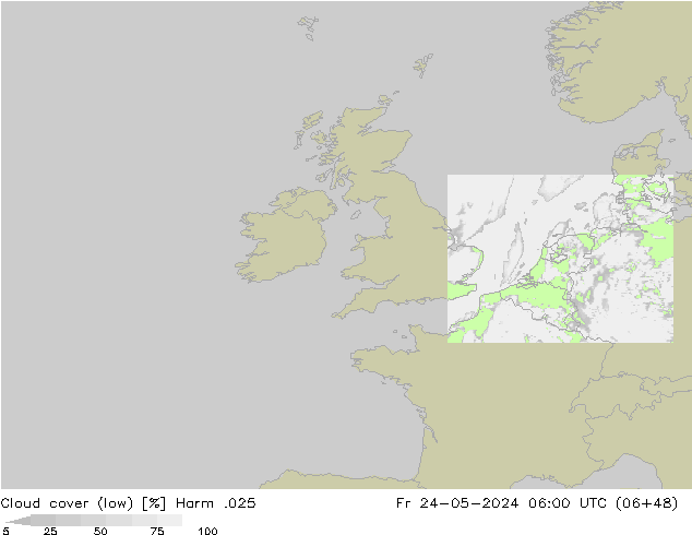 Cloud cover (low) Harm .025 Fr 24.05.2024 06 UTC