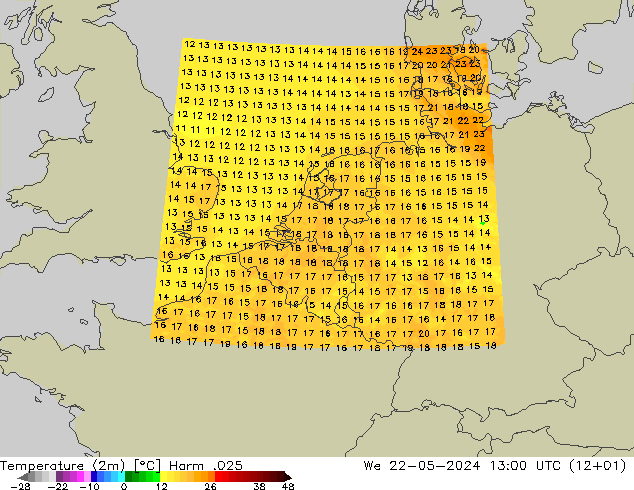 Temperatura (2m) Harm .025 Qua 22.05.2024 13 UTC