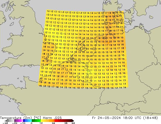 mapa temperatury (2m) Harm .025 pt. 24.05.2024 18 UTC