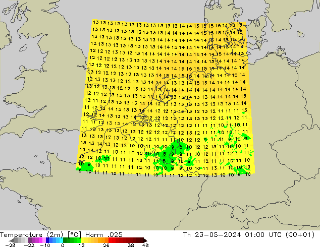 Temperatuurkaart (2m) Harm .025 do 23.05.2024 01 UTC