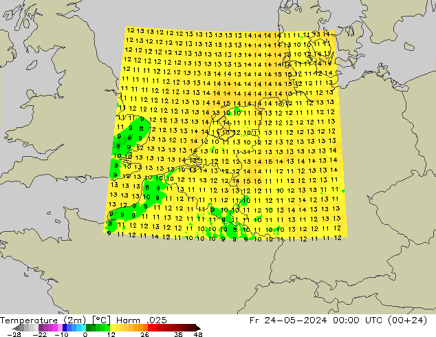 Temperaturkarte (2m) Harm .025 Fr 24.05.2024 00 UTC
