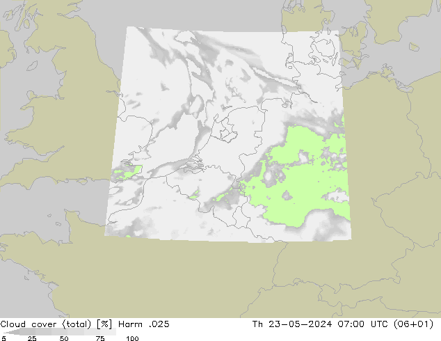 Cloud cover (total) Harm .025 Th 23.05.2024 07 UTC
