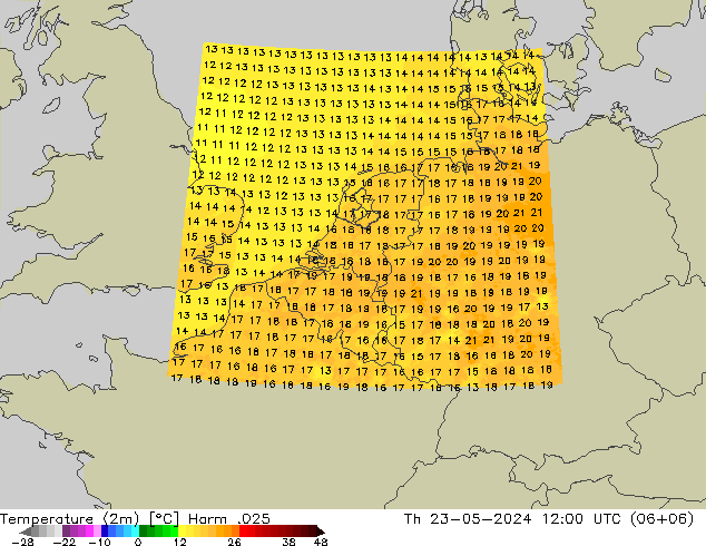 Temperatura (2m) Harm .025 jue 23.05.2024 12 UTC