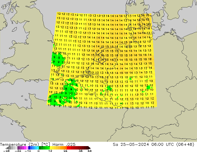 Temperatuurkaart (2m) Harm .025 za 25.05.2024 06 UTC