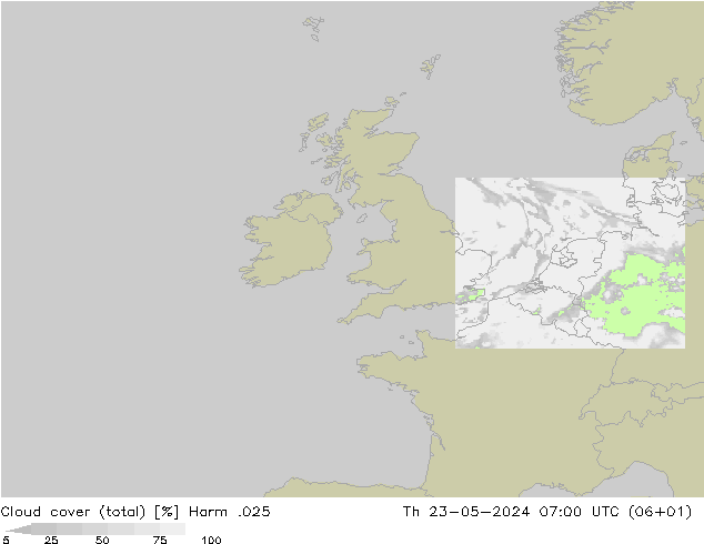 Cloud cover (total) Harm .025 Čt 23.05.2024 07 UTC