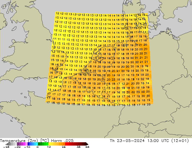 Temperatura (2m) Harm .025 jue 23.05.2024 13 UTC