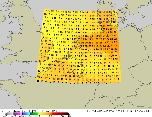 Temperaturkarte (2m) Harm .025 Fr 24.05.2024 12 UTC