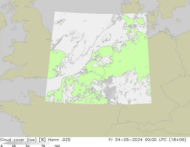 Cloud cover (low) Harm .025 Fr 24.05.2024 00 UTC
