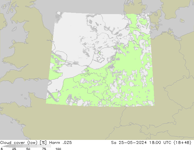 Cloud cover (low) Harm .025 Sa 25.05.2024 18 UTC