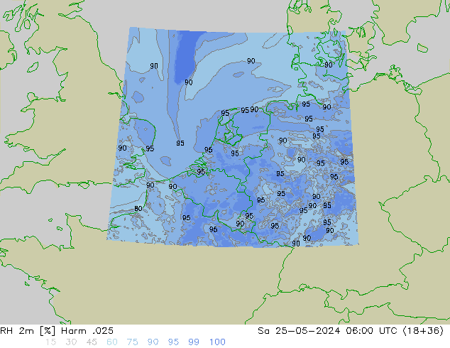 Humedad rel. 2m Harm .025 sáb 25.05.2024 06 UTC