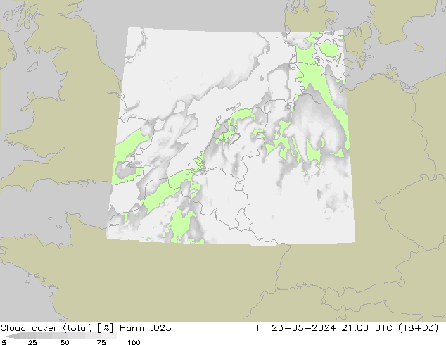 Cloud cover (total) Harm .025 Th 23.05.2024 21 UTC