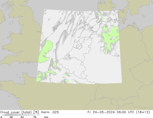 Cloud cover (total) Harm .025 Fr 24.05.2024 06 UTC