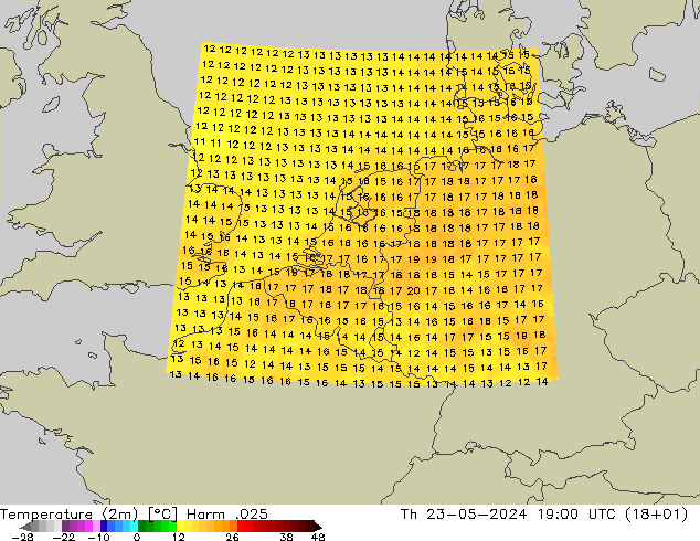 Temperatuurkaart (2m) Harm .025 do 23.05.2024 19 UTC