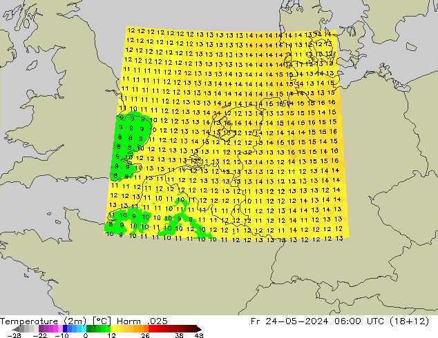 mapa temperatury (2m) Harm .025 pt. 24.05.2024 06 UTC