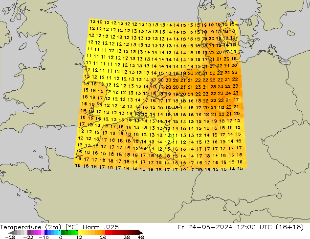 Temperatuurkaart (2m) Harm .025 vr 24.05.2024 12 UTC