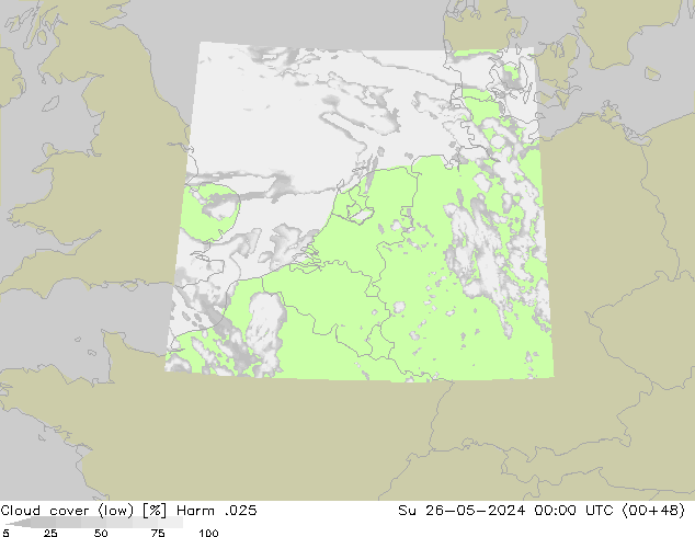 Cloud cover (low) Harm .025 Su 26.05.2024 00 UTC