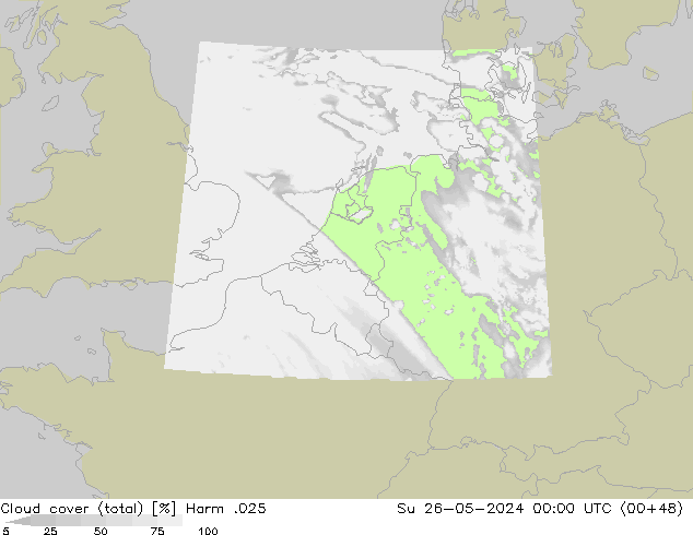 Cloud cover (total) Harm .025 Ne 26.05.2024 00 UTC