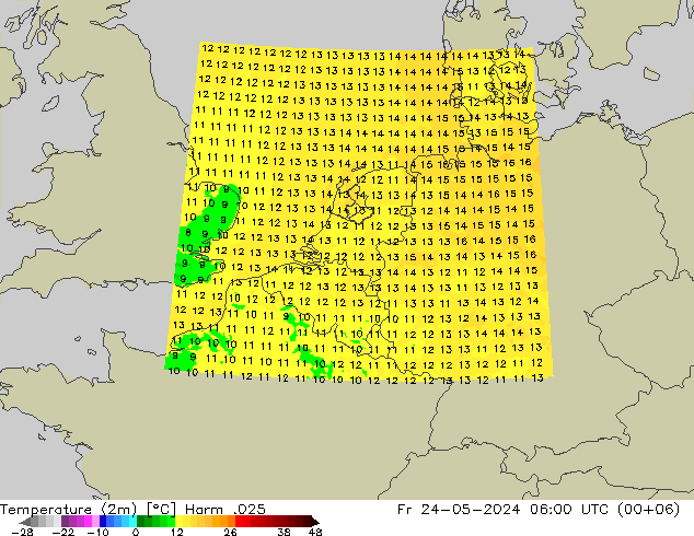 Temperatuurkaart (2m) Harm .025 vr 24.05.2024 06 UTC