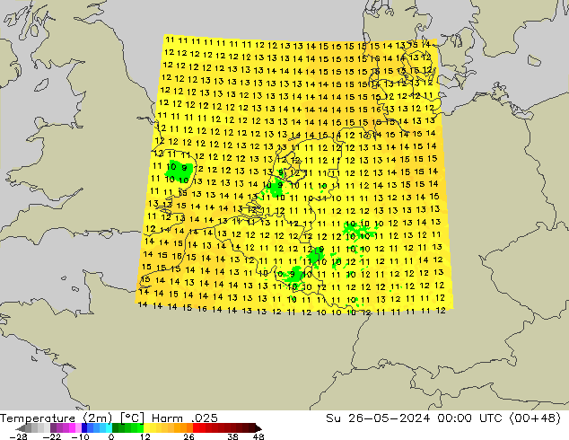 Temperatuurkaart (2m) Harm .025 zo 26.05.2024 00 UTC