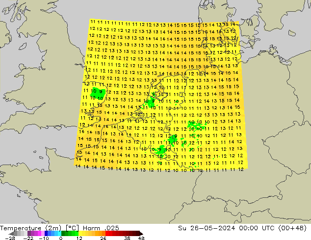 mapa temperatury (2m) Harm .025 nie. 26.05.2024 00 UTC