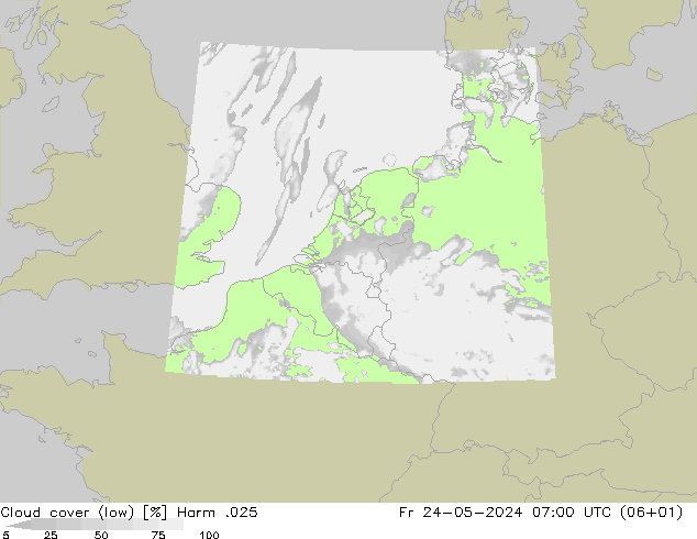 Cloud cover (low) Harm .025 Fr 24.05.2024 07 UTC