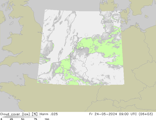 Cloud cover (low) Harm .025 Fr 24.05.2024 09 UTC