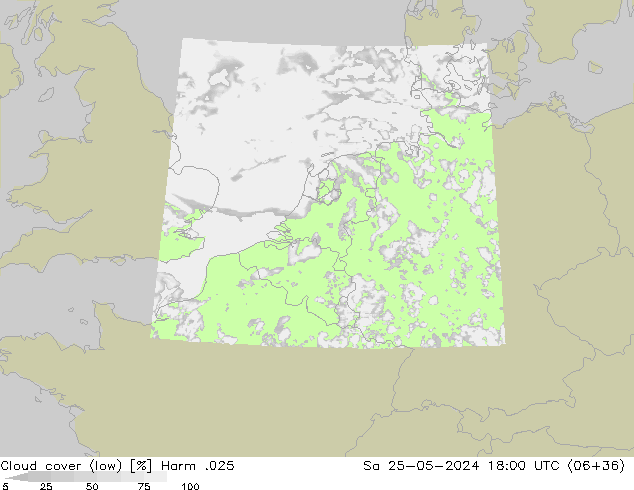 Cloud cover (low) Harm .025 Sa 25.05.2024 18 UTC