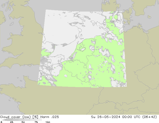 Cloud cover (low) Harm .025 Su 26.05.2024 00 UTC