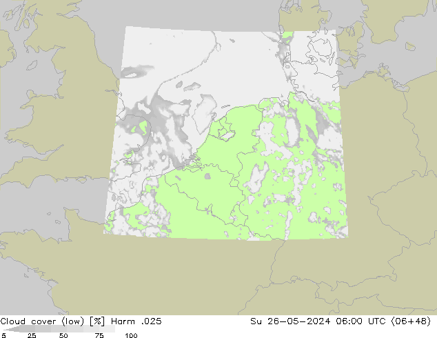 Cloud cover (low) Harm .025 Su 26.05.2024 06 UTC