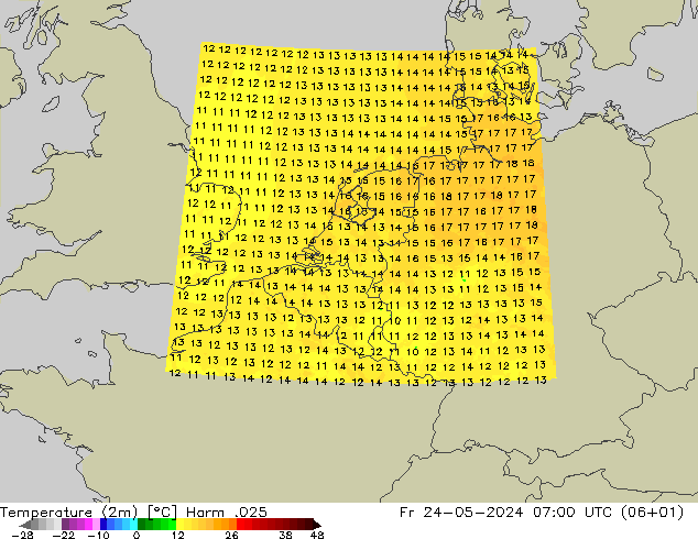 Temperatuurkaart (2m) Harm .025 vr 24.05.2024 07 UTC