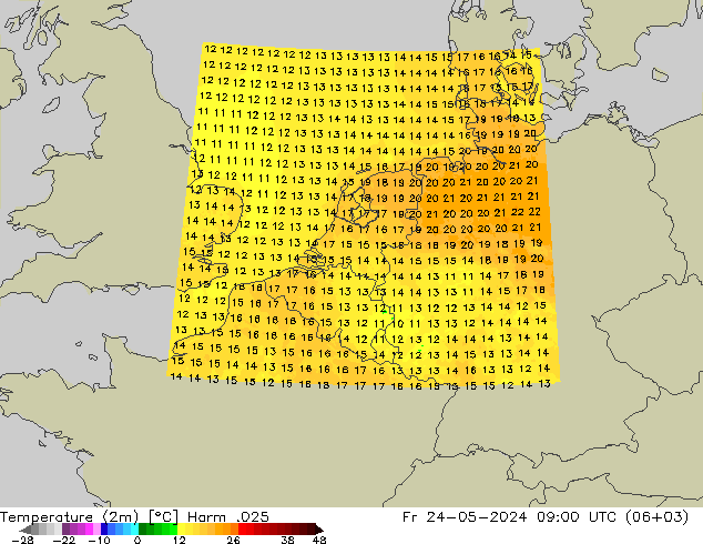 mapa temperatury (2m) Harm .025 pt. 24.05.2024 09 UTC