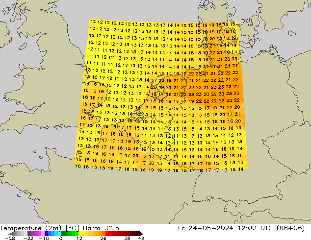 Temperaturkarte (2m) Harm .025 Fr 24.05.2024 12 UTC