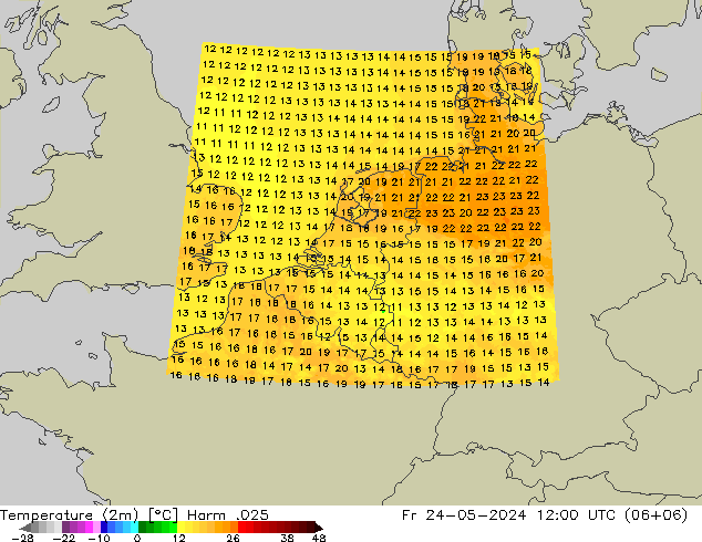 Temperatura (2m) Harm .025 vie 24.05.2024 12 UTC