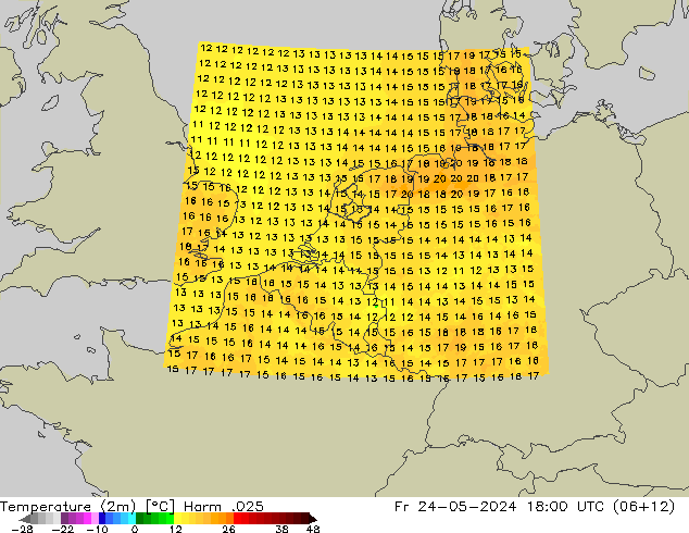 Temperatura (2m) Harm .025 vie 24.05.2024 18 UTC