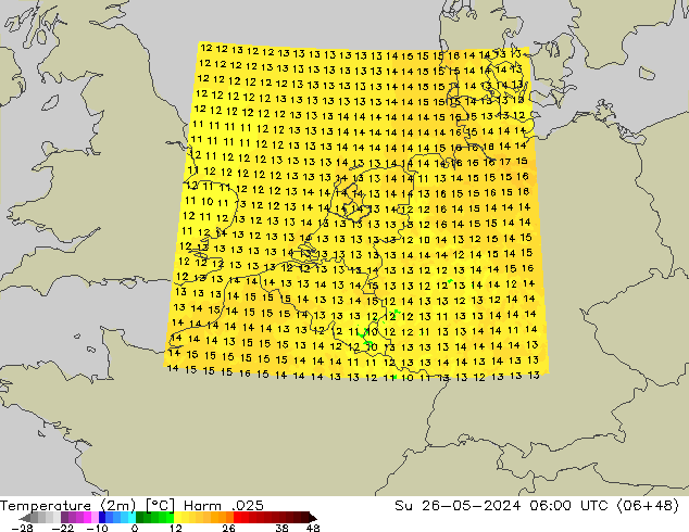 Temperatuurkaart (2m) Harm .025 zo 26.05.2024 06 UTC