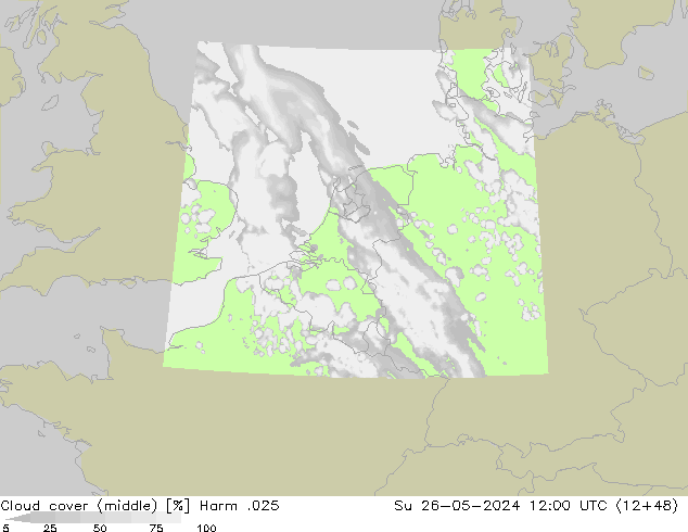 Cloud cover (middle) Harm .025 Su 26.05.2024 12 UTC