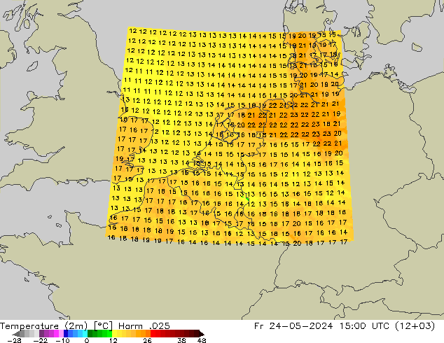 mapa temperatury (2m) Harm .025 pt. 24.05.2024 15 UTC