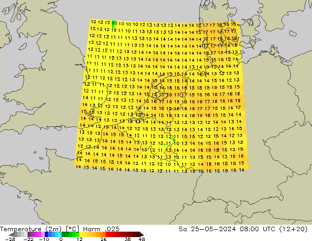 Temperatuurkaart (2m) Harm .025 za 25.05.2024 08 UTC