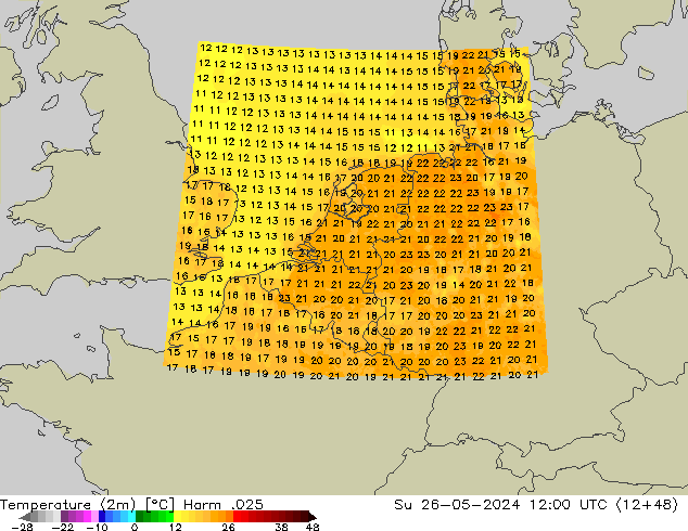 Temperature (2m) Harm .025 Su 26.05.2024 12 UTC