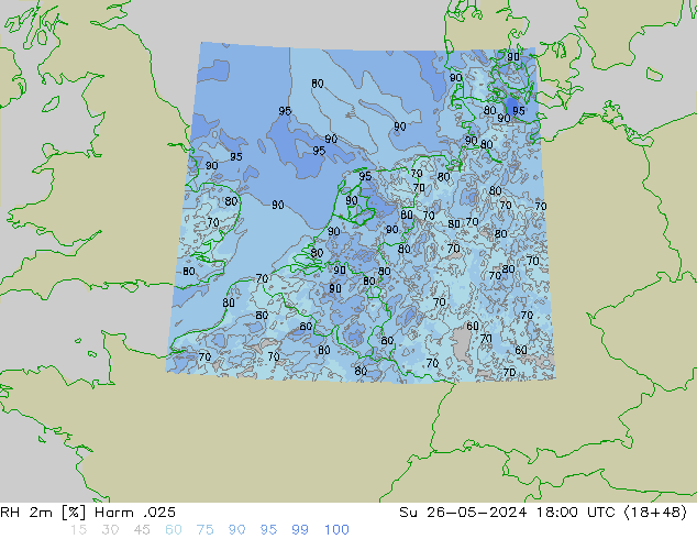 Humedad rel. 2m Harm .025 dom 26.05.2024 18 UTC