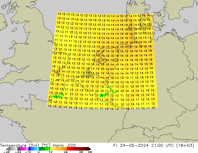 Temperatura (2m) Harm .025 vie 24.05.2024 21 UTC