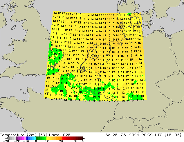 mapa temperatury (2m) Harm .025 so. 25.05.2024 00 UTC