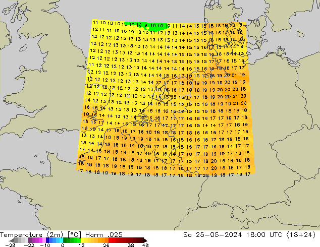 mapa temperatury (2m) Harm .025 so. 25.05.2024 18 UTC